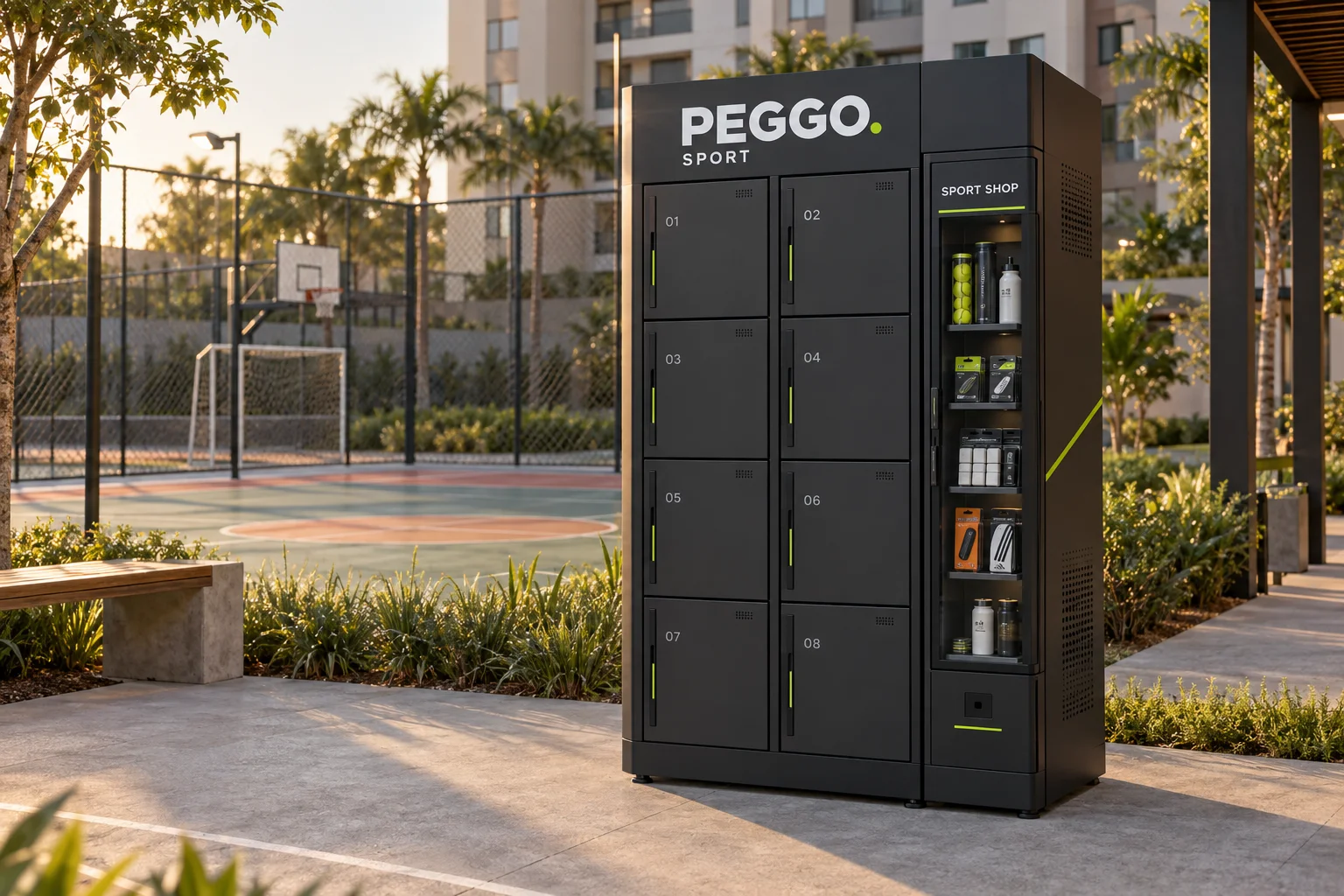 Conceito original do PEGGO Sport: oito lockers e Sport Shop junto à quadra de um condomínio.