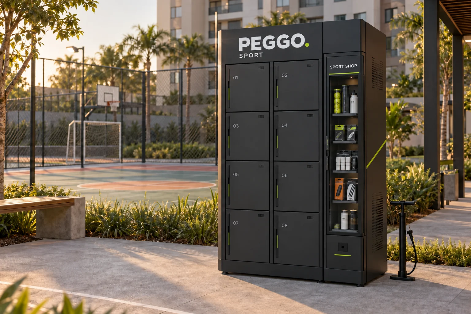 Representação conceitual da estação PEGGO Sport com oito lockers numerados de 01 a 08 e bomba compartilhada externa ao gabinete.